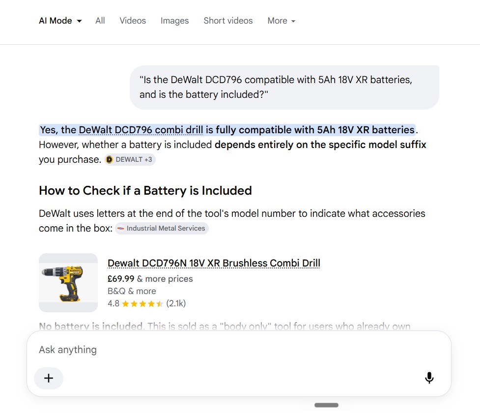 Google AI Mode answering a detailed DeWalt battery-compatibility question using product Q&A and variant data